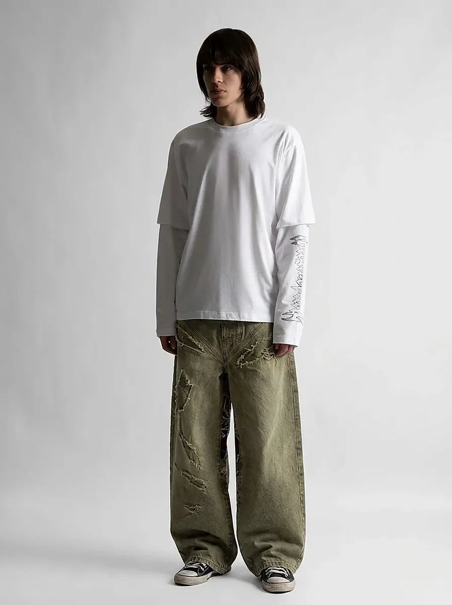 Riot Horror Graphic Embroidery Wide Leg Denim Jeans in Washed Grey