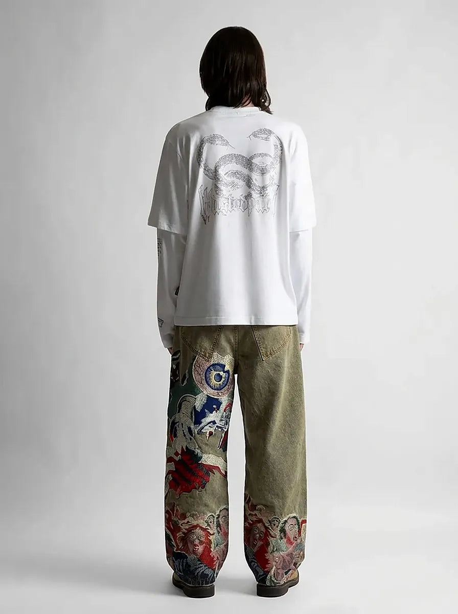 Riot Horror Graphic Embroidery Wide Leg Denim Jeans in Washed Grey