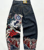 Riot Horror Graphic Embroidery Wide Leg Denim Jeans in Washed Grey