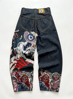 Riot Horror Graphic Embroidery Wide Leg Denim Jeans in Washed Grey