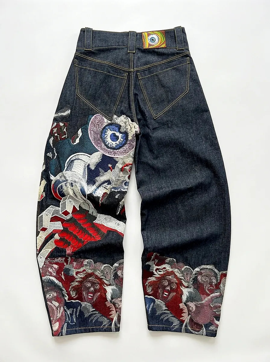 Riot Horror Graphic Embroidery Wide Leg Denim Jeans in Washed Grey