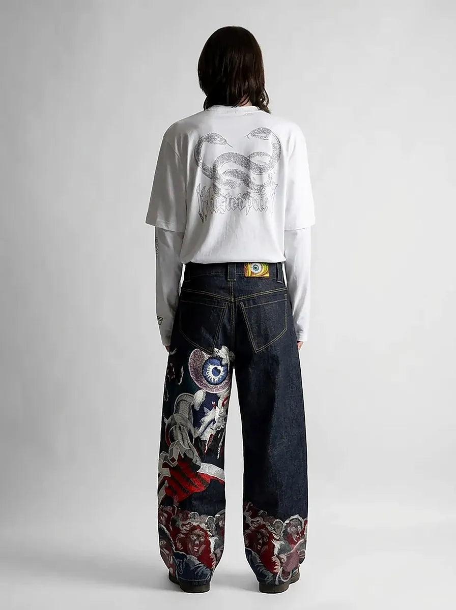 Riot Horror Graphic Embroidery Wide Leg Denim Jeans in Washed Grey