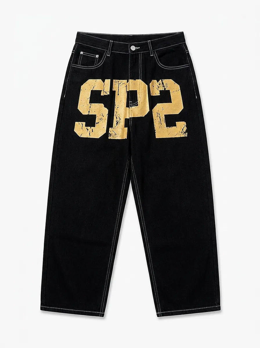 Riot Gold Number Graphic Oversized Denim Jeans in Black