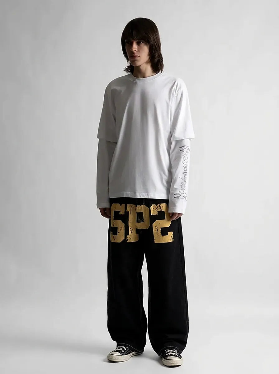 Riot Gold Number Graphic Oversized Denim Jeans in Black