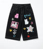 Harajuku Cartoon Patch Baggy Denim Jorts in Black