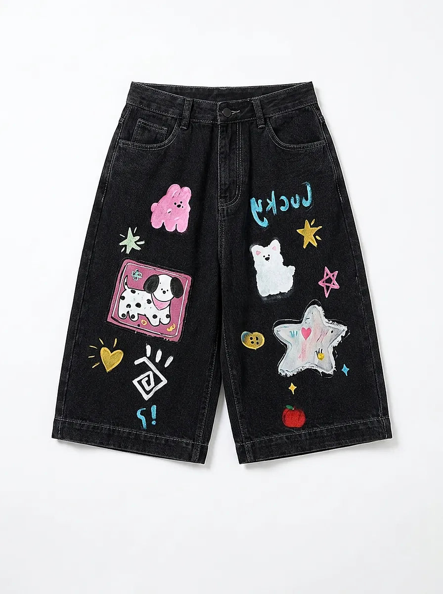 Harajuku Cartoon Patch Baggy Denim Jorts in Black