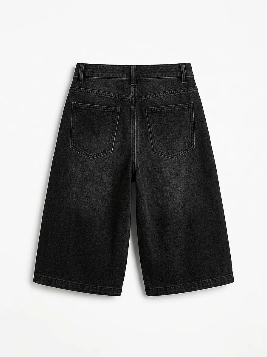 Harajuku Cartoon Patch Baggy Denim Jorts in Black