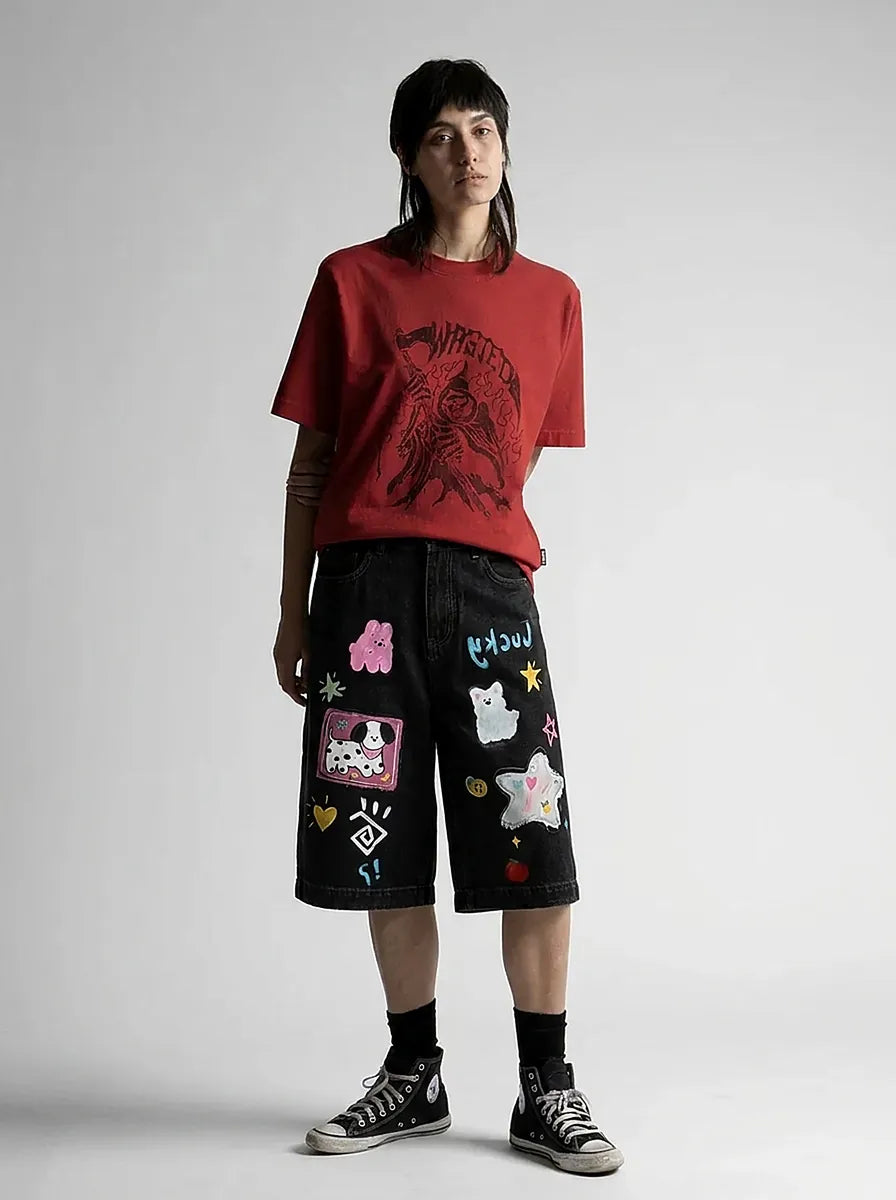 Harajuku Cartoon Patch Baggy Denim Jorts in Black
