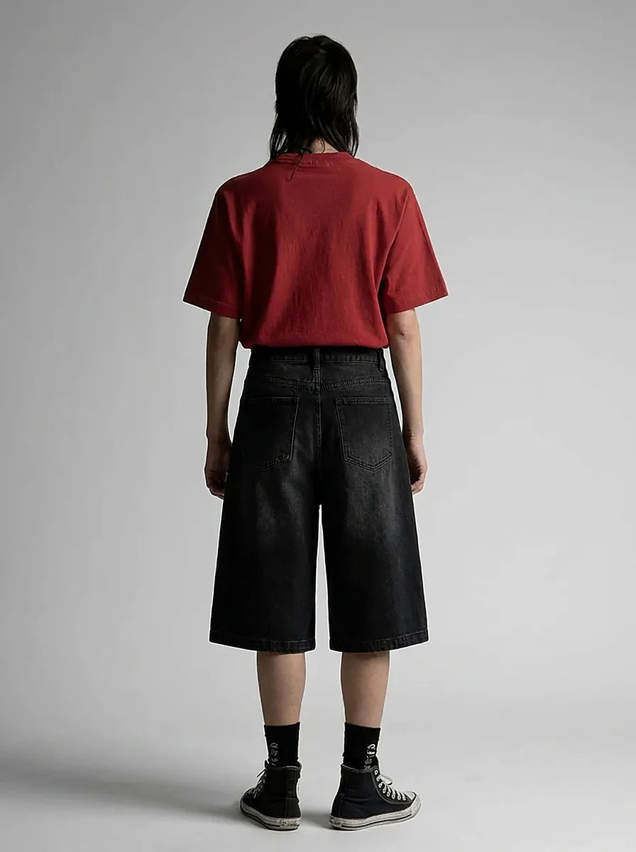 Harajuku Cartoon Patch Baggy Denim Jorts in Black