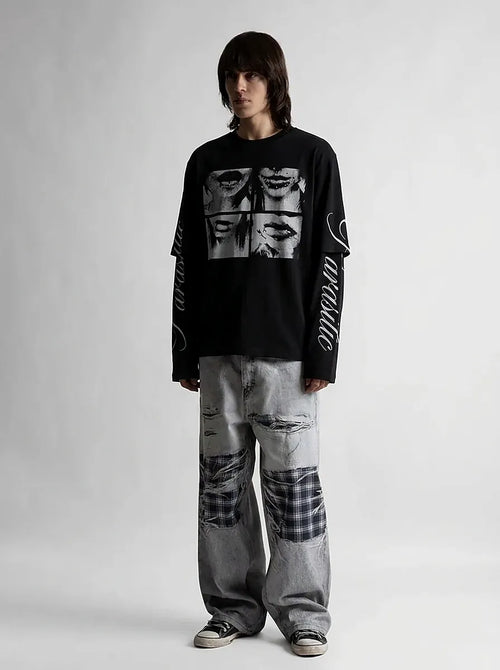Dark Face Graphic Script Sleeve Long Sleeve Tee in Black