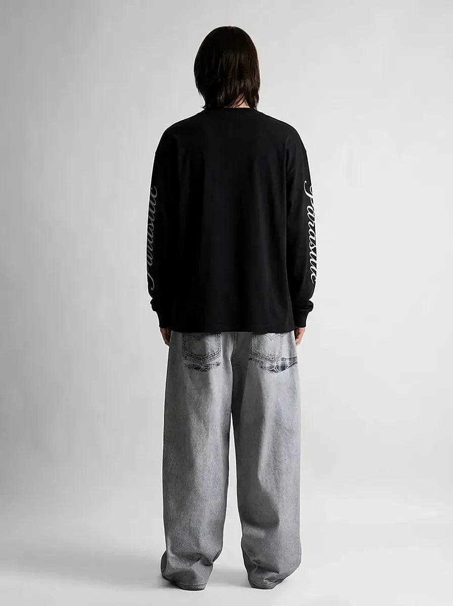 Dark Face Graphic Script Sleeve Long Sleeve Tee in Black