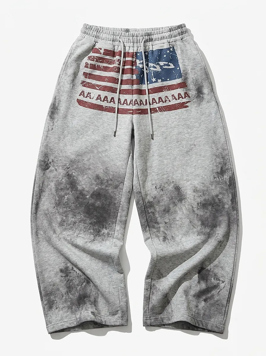 Riot American Flag Graphic Wide Leg Sweatpants in Washed Grey