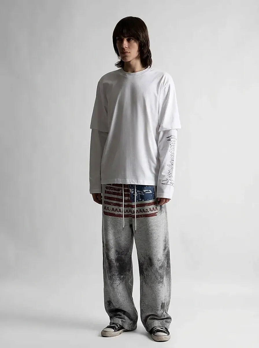 Riot American Flag Graphic Wide Leg Sweatpants in Washed Grey