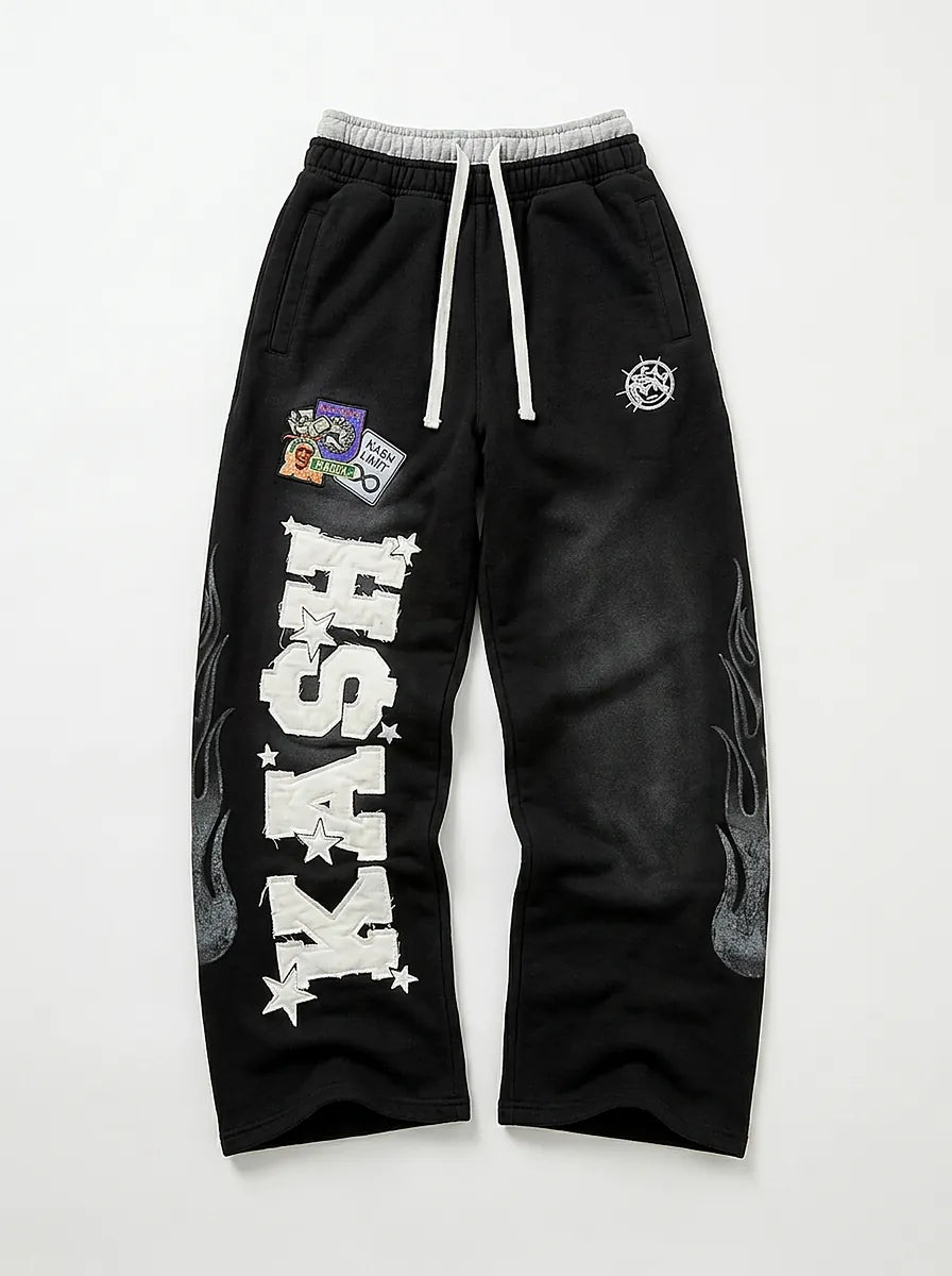 Riot "KASH" Star Print Wide Leg Sweatpants in Black
