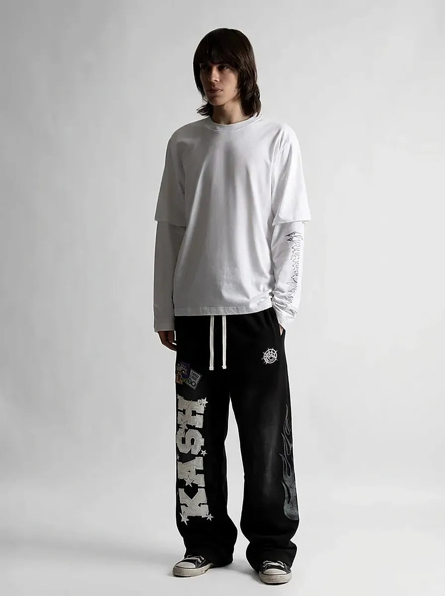 Riot "KASH" Star Print Wide Leg Sweatpants in Black