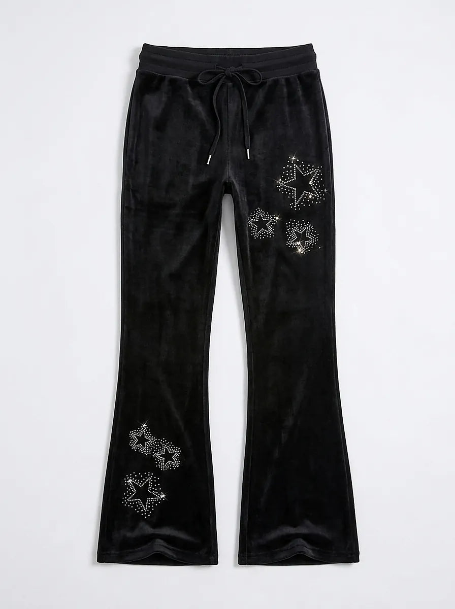 Riot Rhinestone Star Velvet Flare Trousers in Black