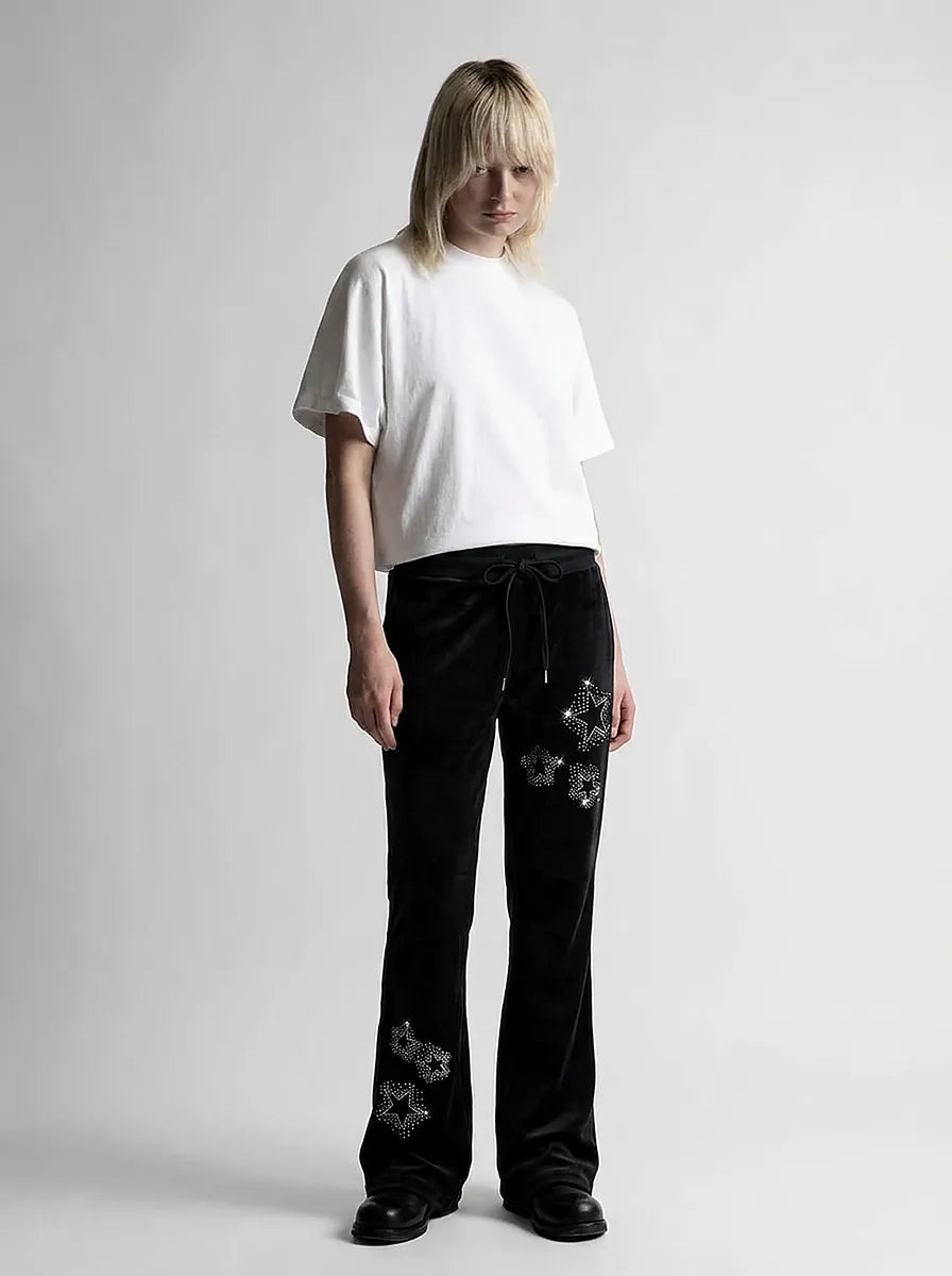 Riot Rhinestone Star Velvet Flare Trousers in Black