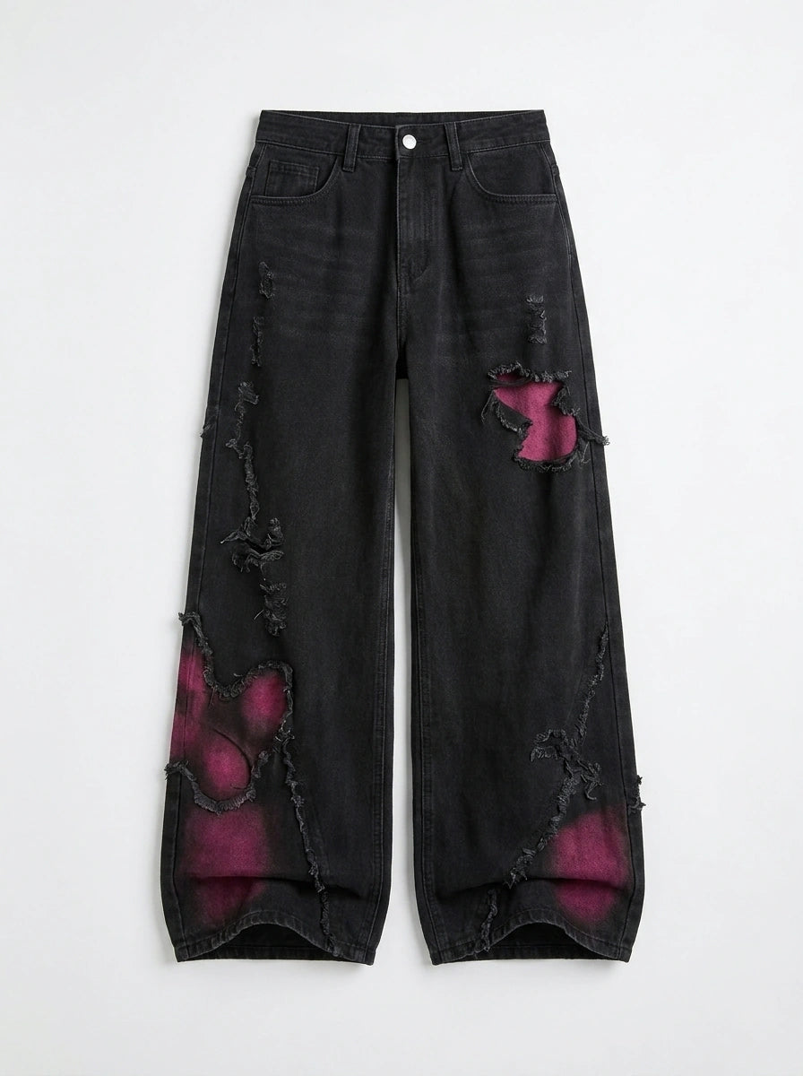 Riot Butterfly Graphic Baggy Denim Jeans in Washed Black