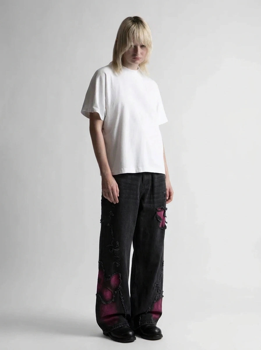 Riot Butterfly Graphic Baggy Denim Jeans in Washed Black