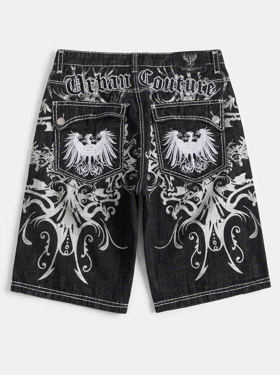 Riot Heraldic Eagle Embroidered Baggy Denim Jorts in Black