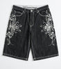 Riot Heraldic Eagle Embroidered Baggy Denim Jorts in Black