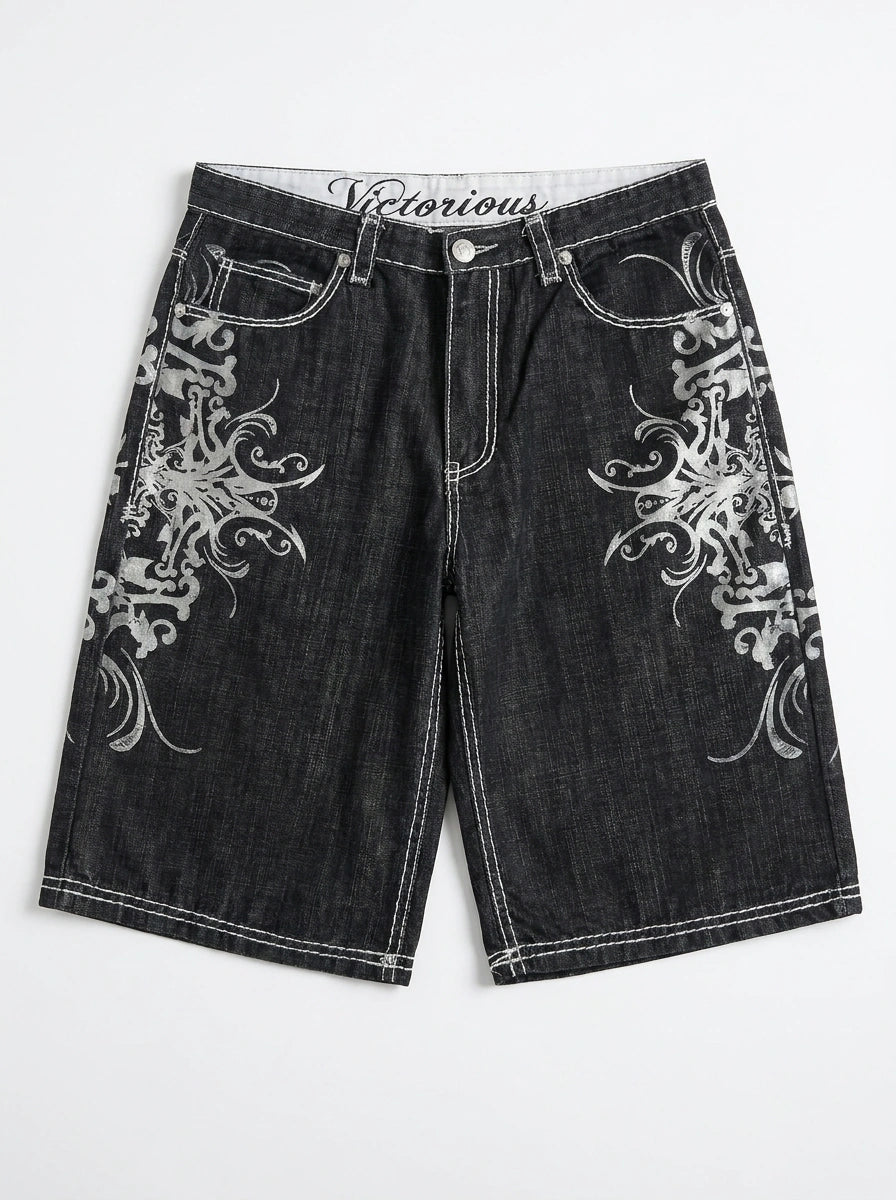 Riot Heraldic Eagle Embroidered Baggy Denim Jorts in Black