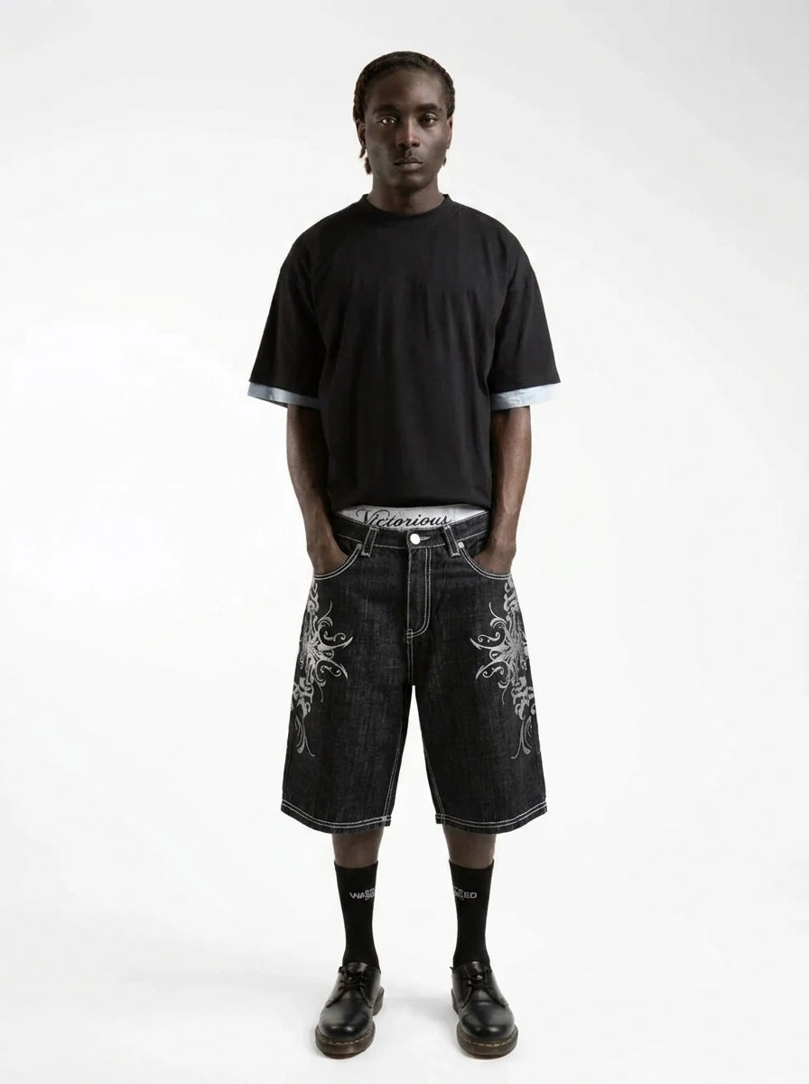 Riot Heraldic Eagle Embroidered Baggy Denim Jorts in Black