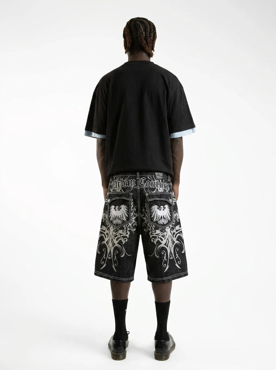 Riot Heraldic Eagle Embroidered Baggy Denim Jorts in Black