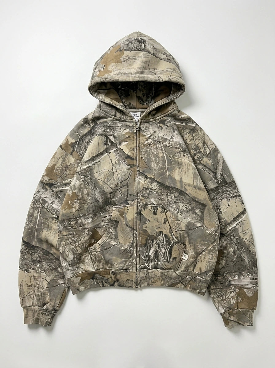 Riot Retro Camo Zip-Up Oversized Hoodie in Forest Camo
