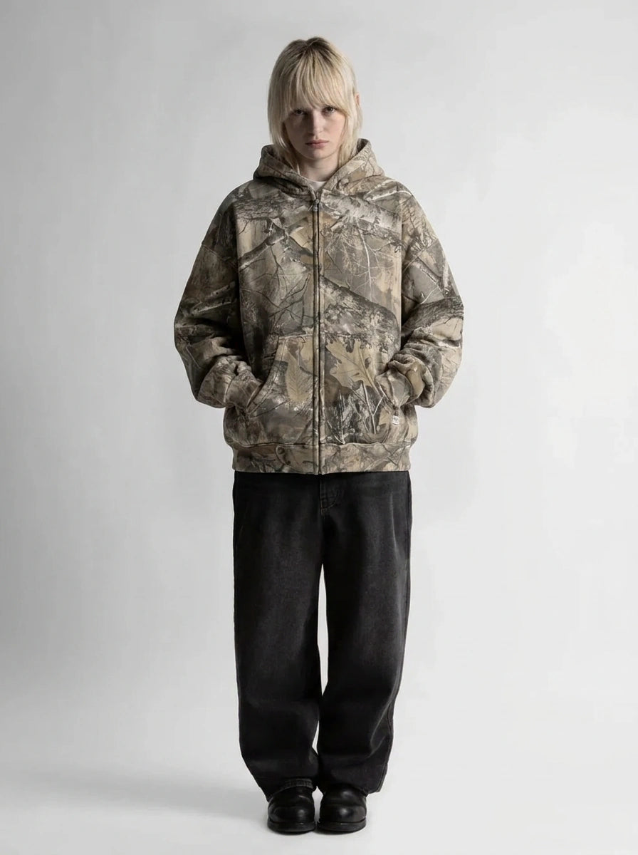 Riot Retro Camo Zip-Up Oversized Hoodie in Forest Camo