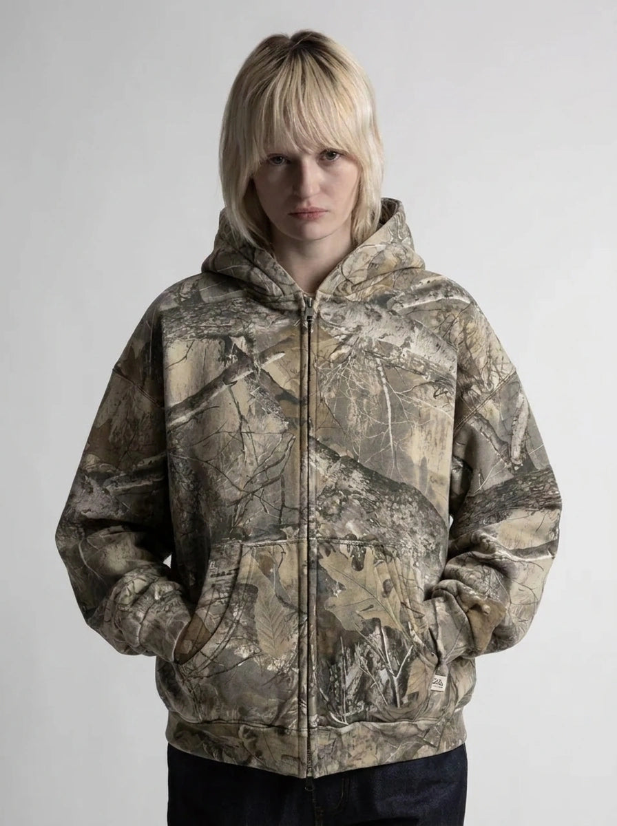 Riot Retro Camo Zip-Up Oversized Hoodie in Forest Camo