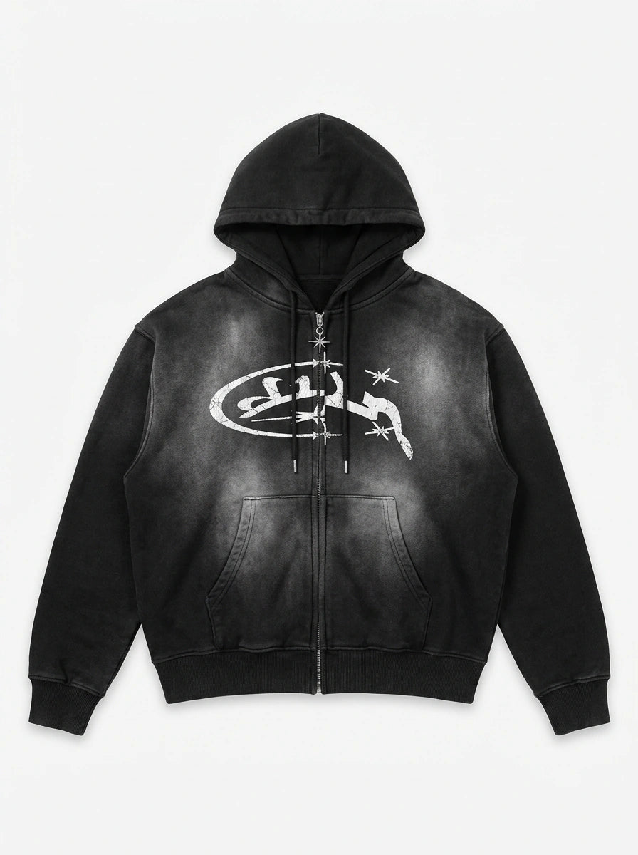 Riot Dark Graphic Zip-Up Oversized Hoodie in Black