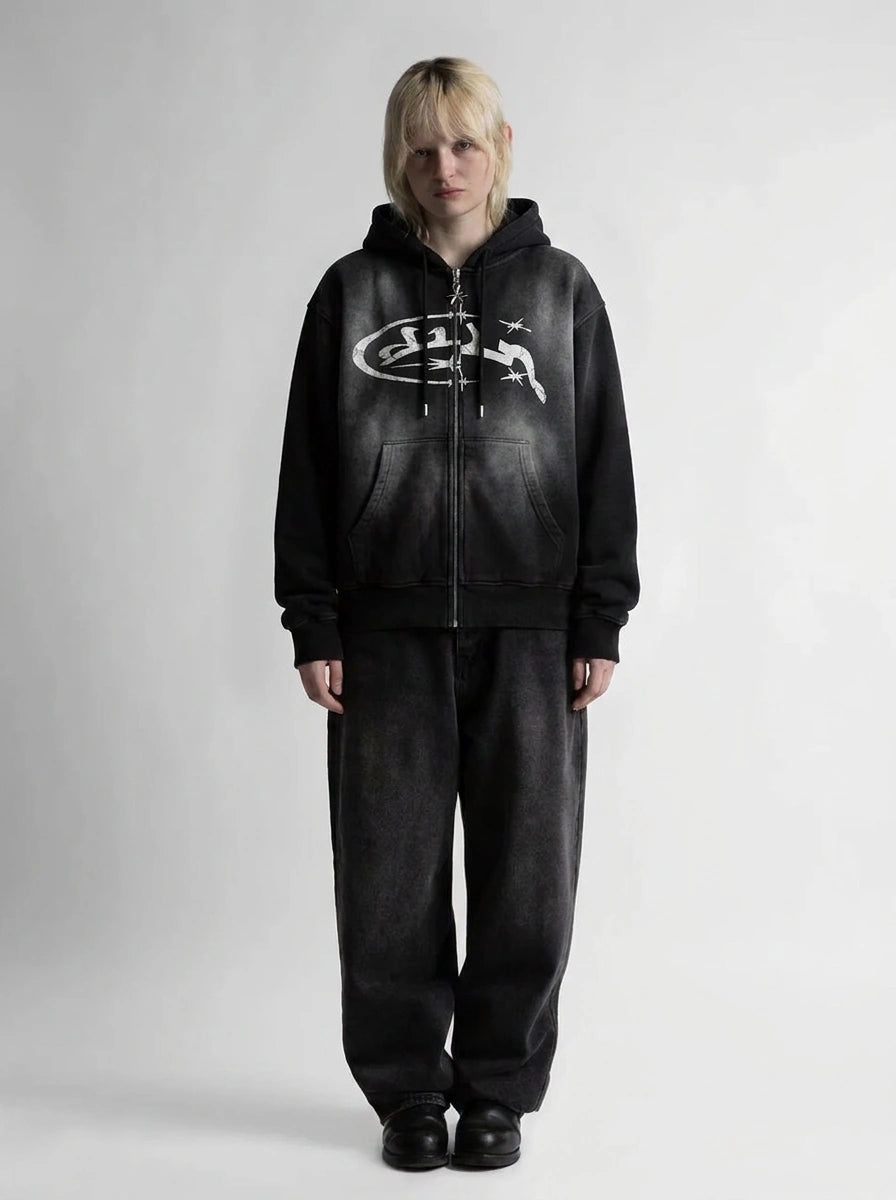 Riot Dark Graphic Zip-Up Oversized Hoodie in Black