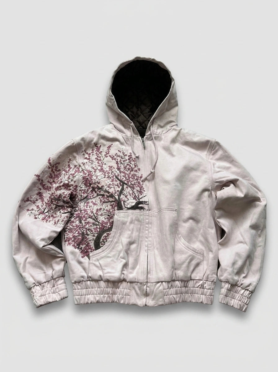 Cherry Blossom Zip-Up Oversized Hoodie in Cream