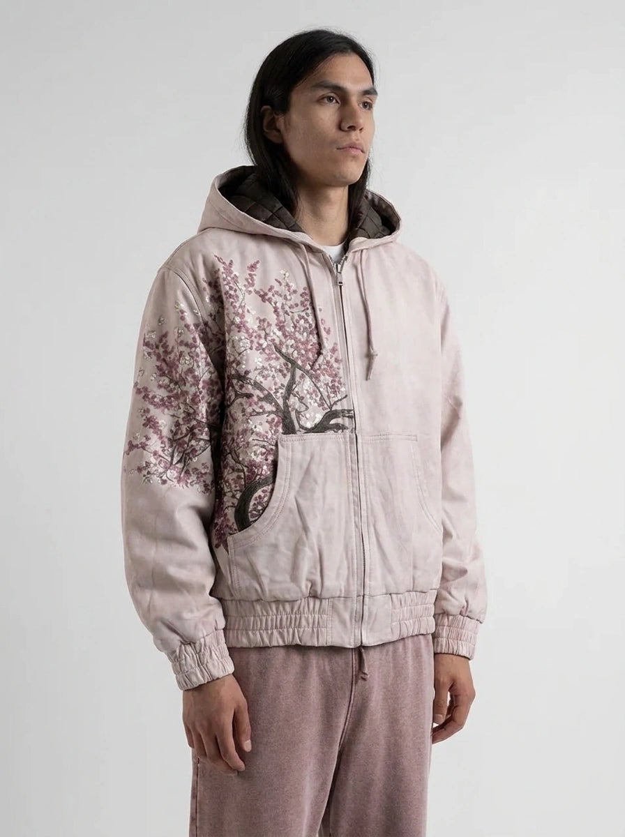 Cherry Blossom Zip-Up Oversized Hoodie in Cream