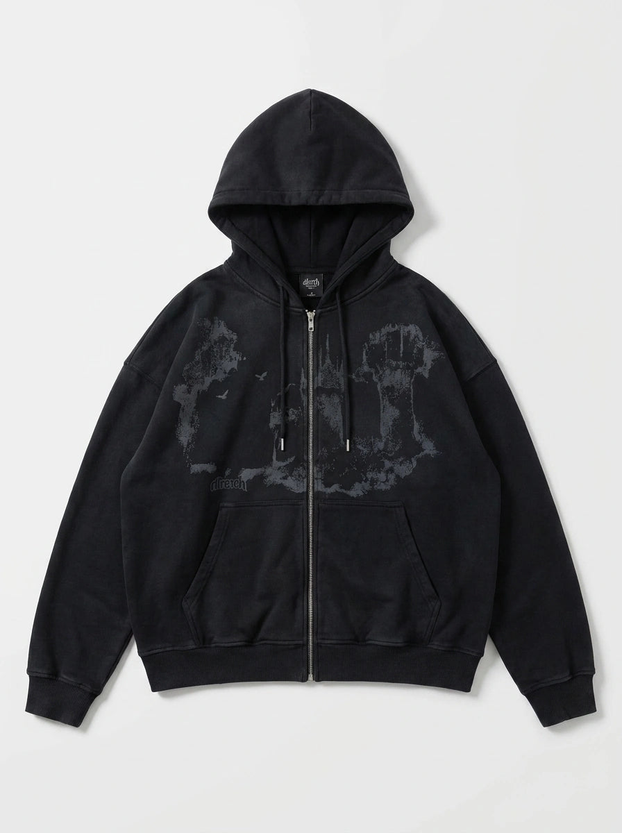 Riot Washed Gothic Graphic Zip-Up Hoodie in Black