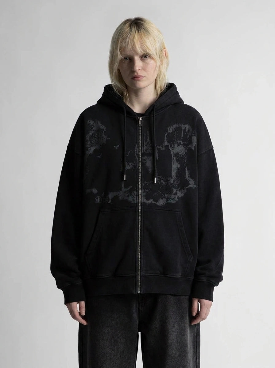 Riot Washed Gothic Graphic Zip-Up Hoodie in Black