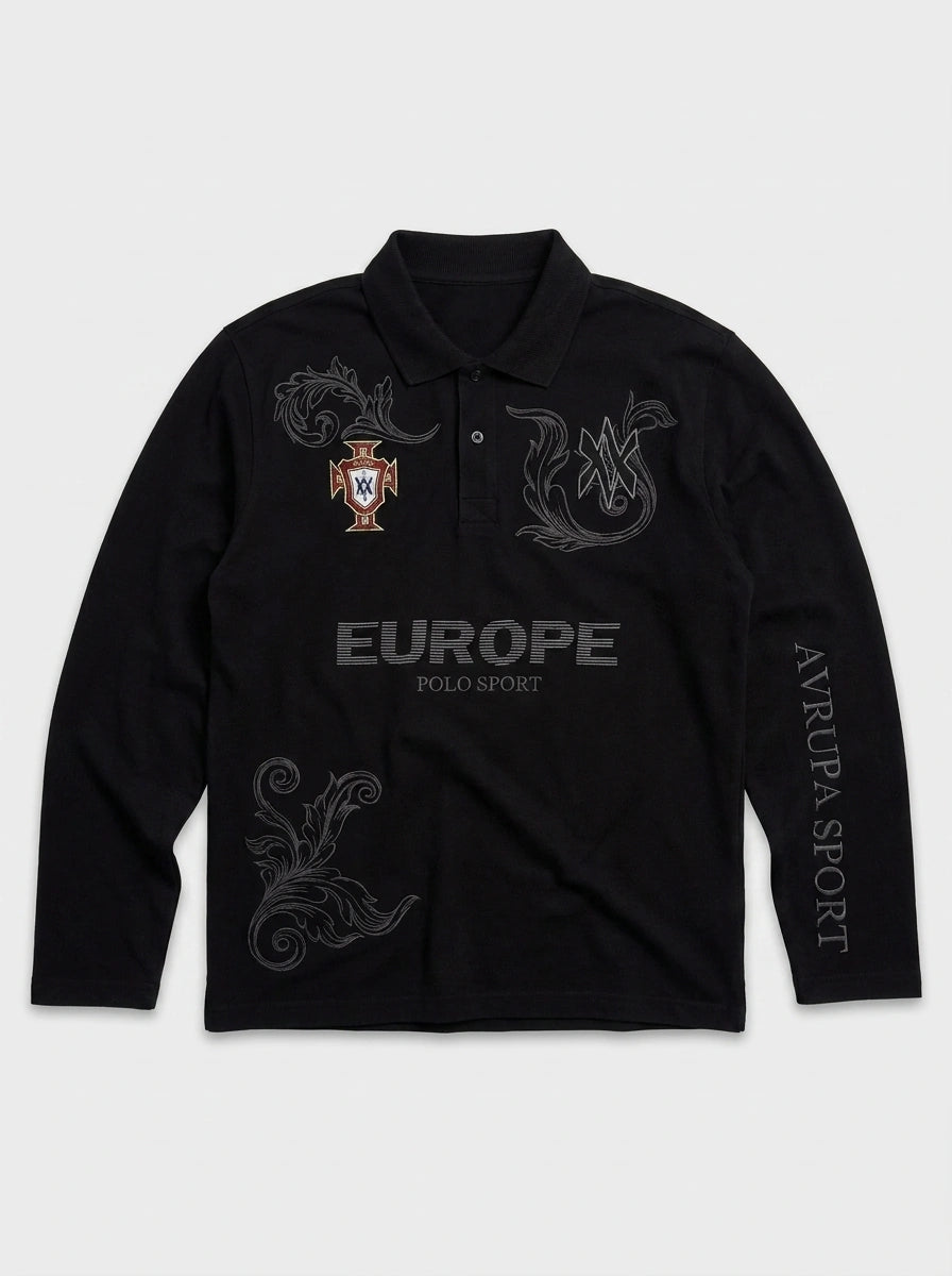 Retro Heraldic Embroidery Long Sleeve Polo Shirt in Black