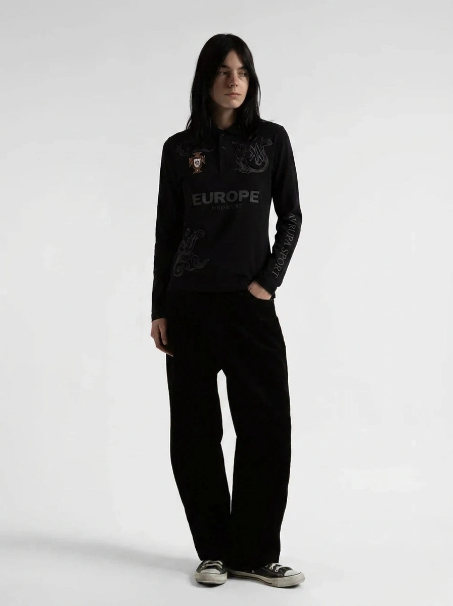 Retro Heraldic Embroidery Long Sleeve Polo Shirt in Black
