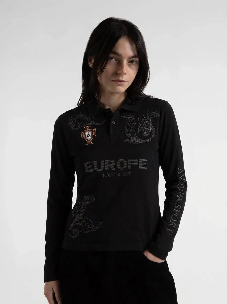 Retro Heraldic Embroidery Long Sleeve Polo Shirt in Black