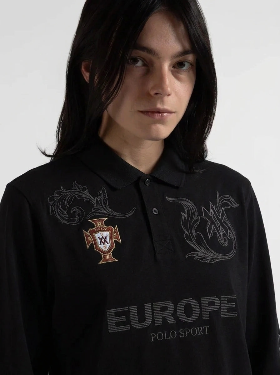 Retro Heraldic Embroidery Long Sleeve Polo Shirt in Black