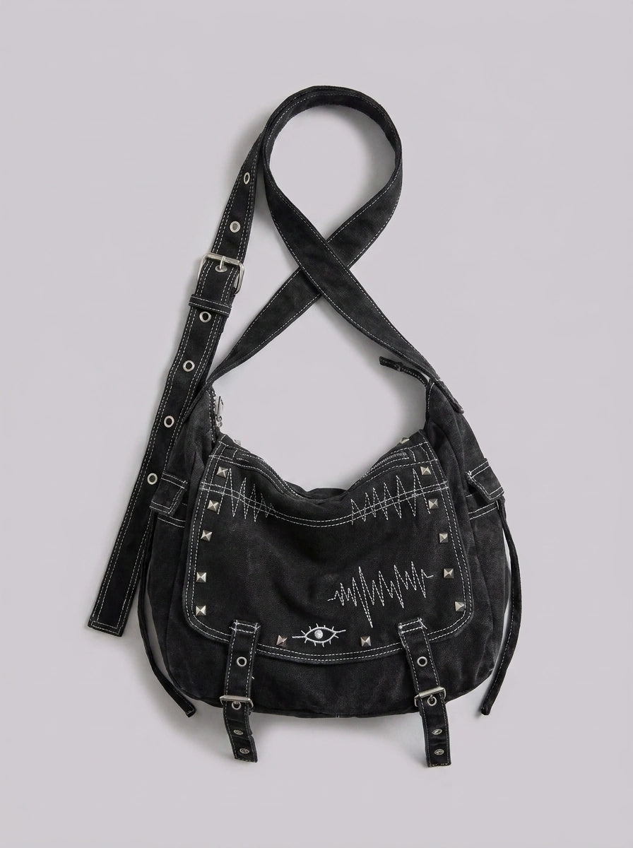 Riot Washed Denim Stud Crossbody Tote Bag in Black