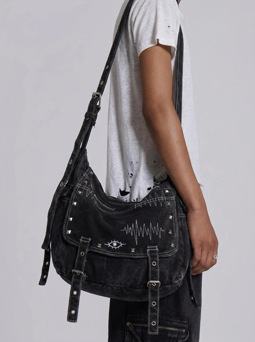 Riot Washed Denim Stud Crossbody Tote Bag in Black