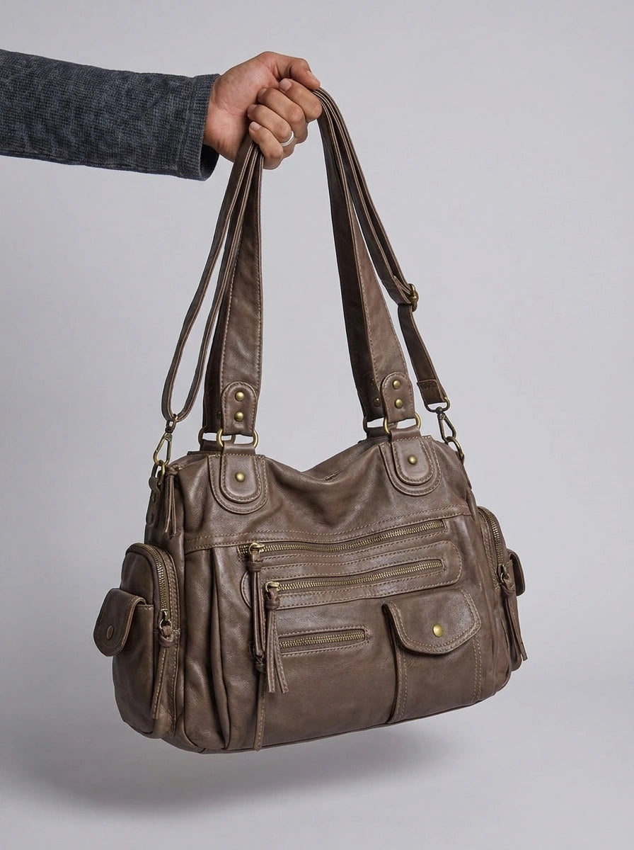 Vintage Washed Leather Multi-Pocket Shoulder Bag