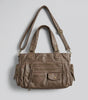 Vintage Washed Leather Multi-Pocket Shoulder Bag