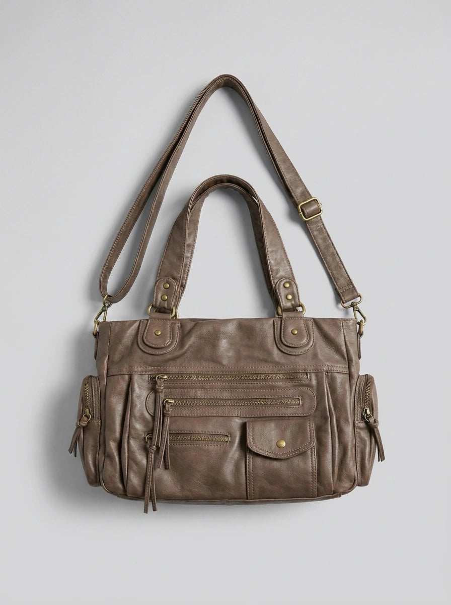 Vintage Washed Leather Multi-Pocket Shoulder Bag