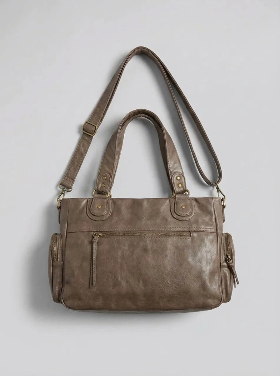 Vintage Washed Leather Multi-Pocket Shoulder Bag