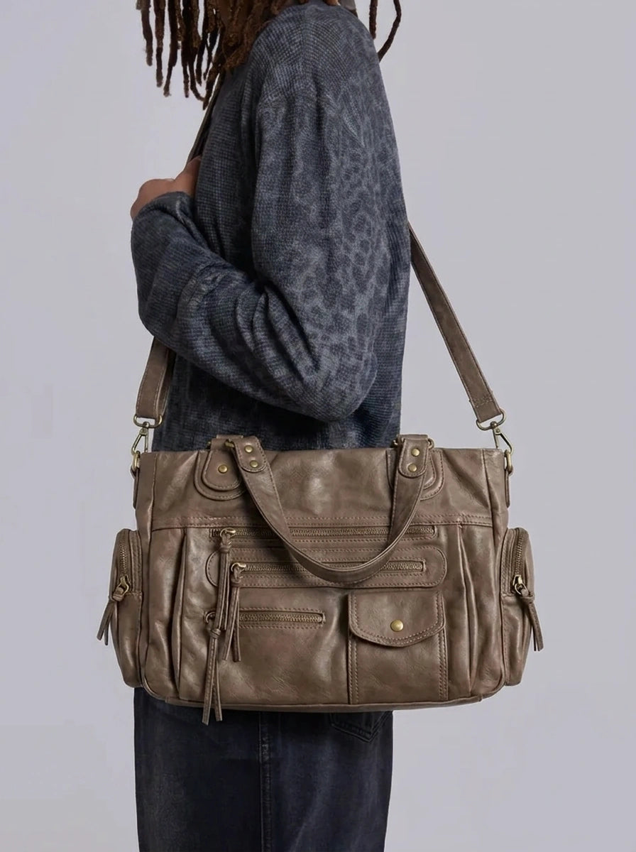 Vintage Washed Leather Multi-Pocket Shoulder Bag