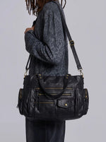 Vintage Washed Leather Multi-Pocket Shoulder Bag