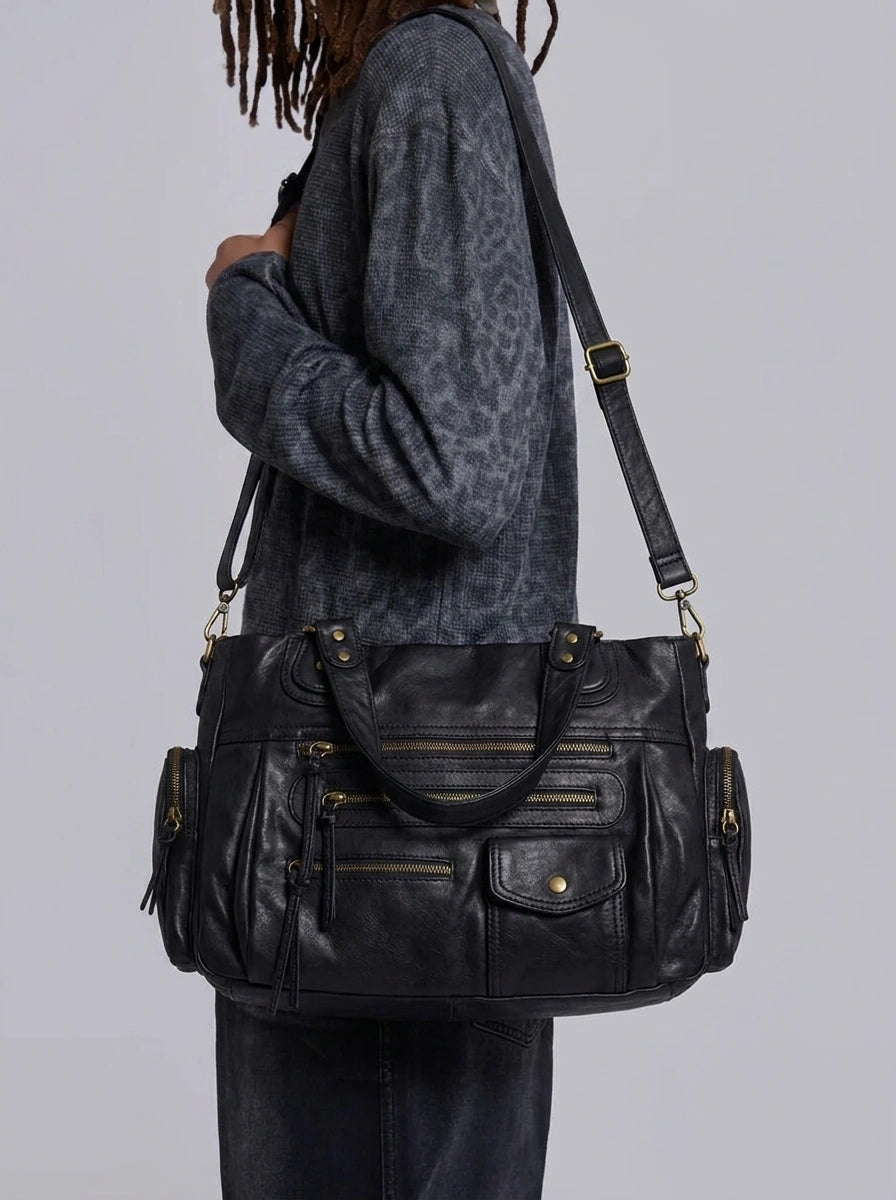 Vintage Washed Leather Multi-Pocket Shoulder Bag